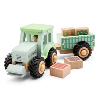 Houten tractor met aanhanger en groente